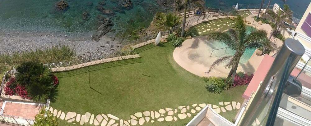 Una vista aérea de una piscina rodeada de un exuberante campo verde.