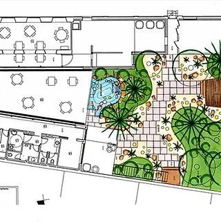 Un plano en blanco y negro de una casa con jardín.