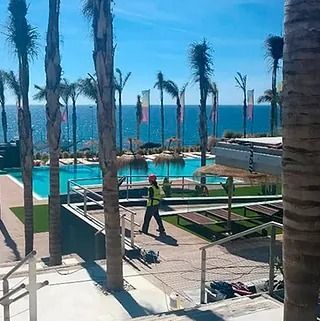 Un hombre camina frente a una piscina rodeada de palmeras.