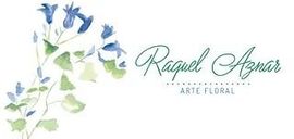 Un logotipo para raquel aznar arte floral con flores azules y hojas verdes.