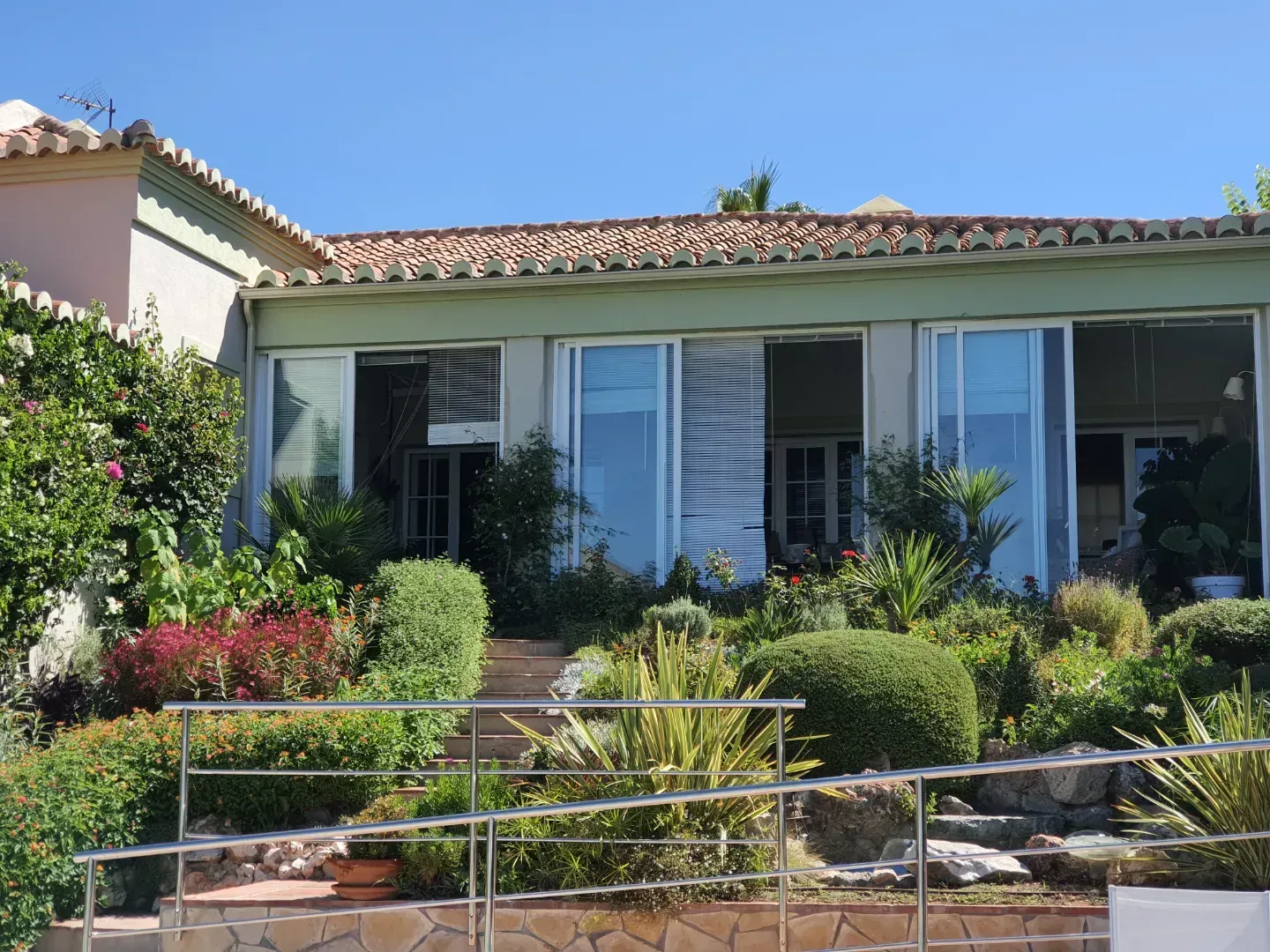 Una casa con muchas ventanas y plantas delante de ella.