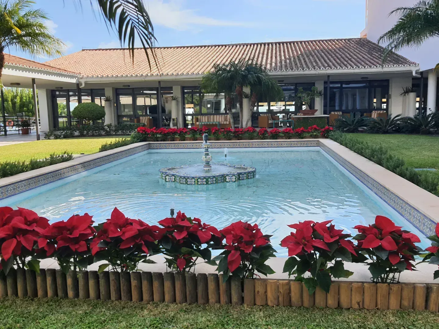 Hay una fuente en el medio de la piscina rodeada de flores rojas.