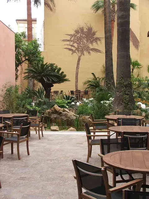 Un patio con mesas y sillas y palmeras al fondo.