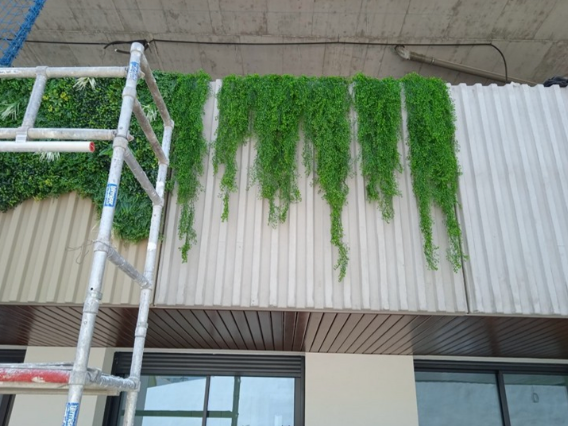 Un edificio con una escalera y plantas encima.