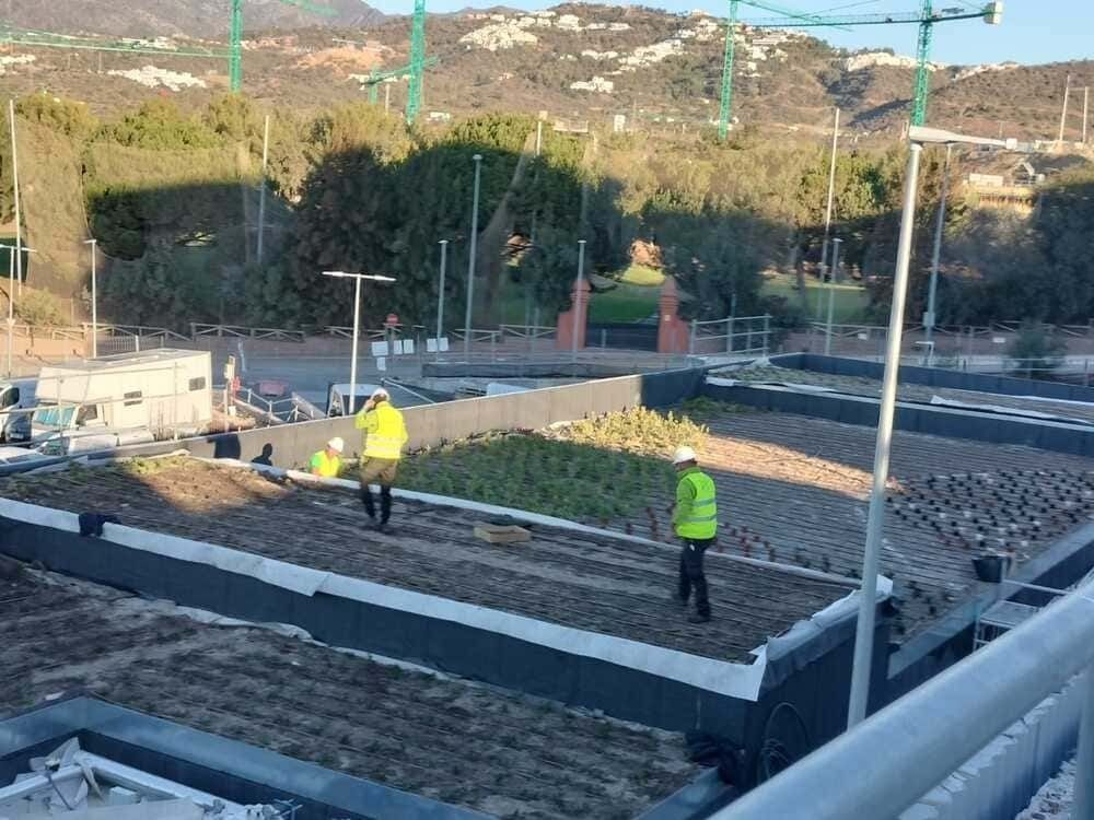 Un grupo de trabajadores de la construcción está trabajando en el techo de un edificio.