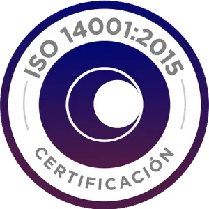 Un círculo morado y blanco con las palabras certificación iso 14001:2015 escritas en su interior.
