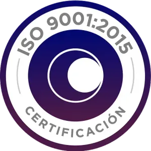 Un círculo morado y blanco con las palabras certificación ISO 9001: 2015 escritas en su interior.