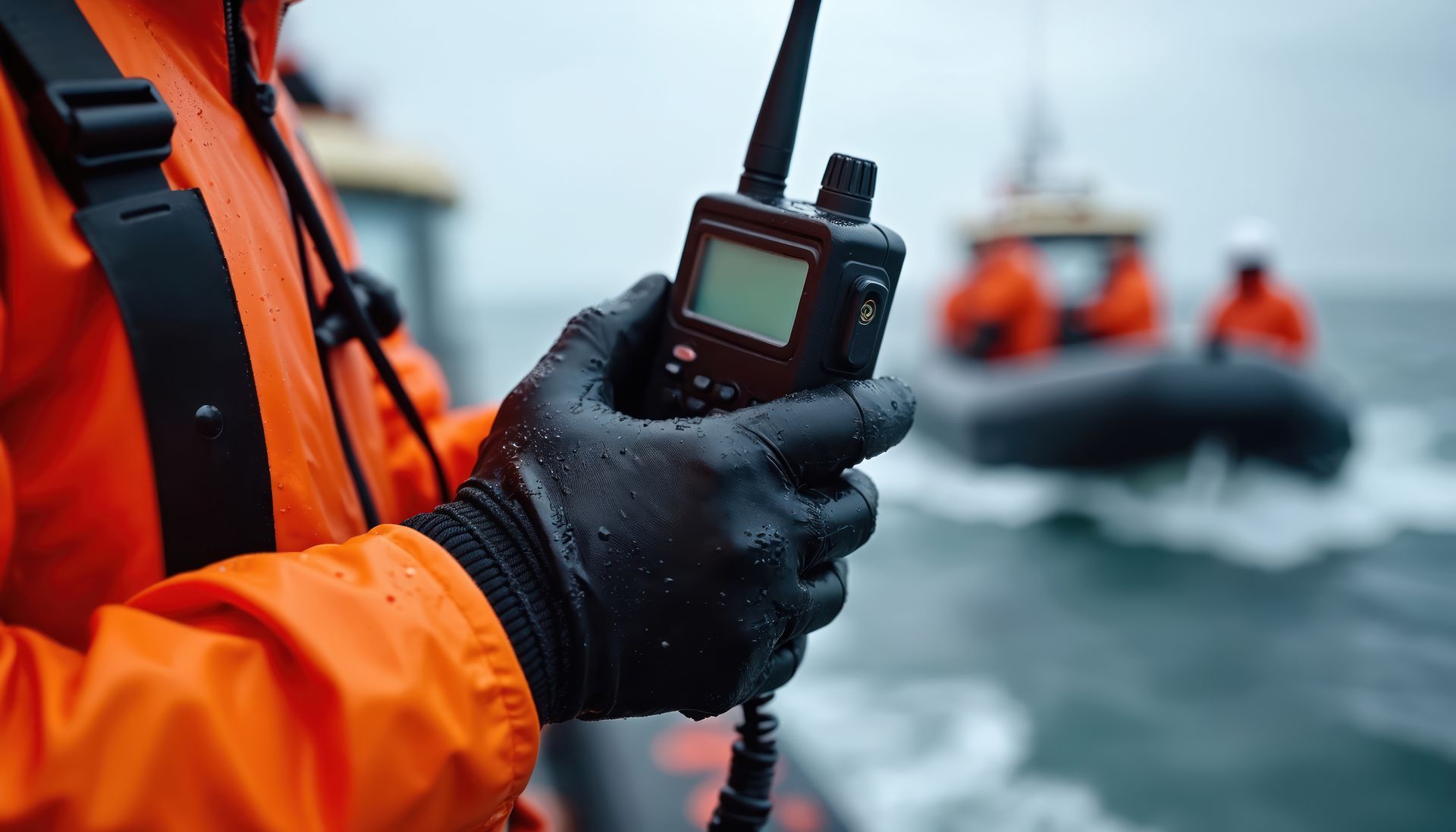 Un marin tient une radio CRR tandis qu'un bateau arrive