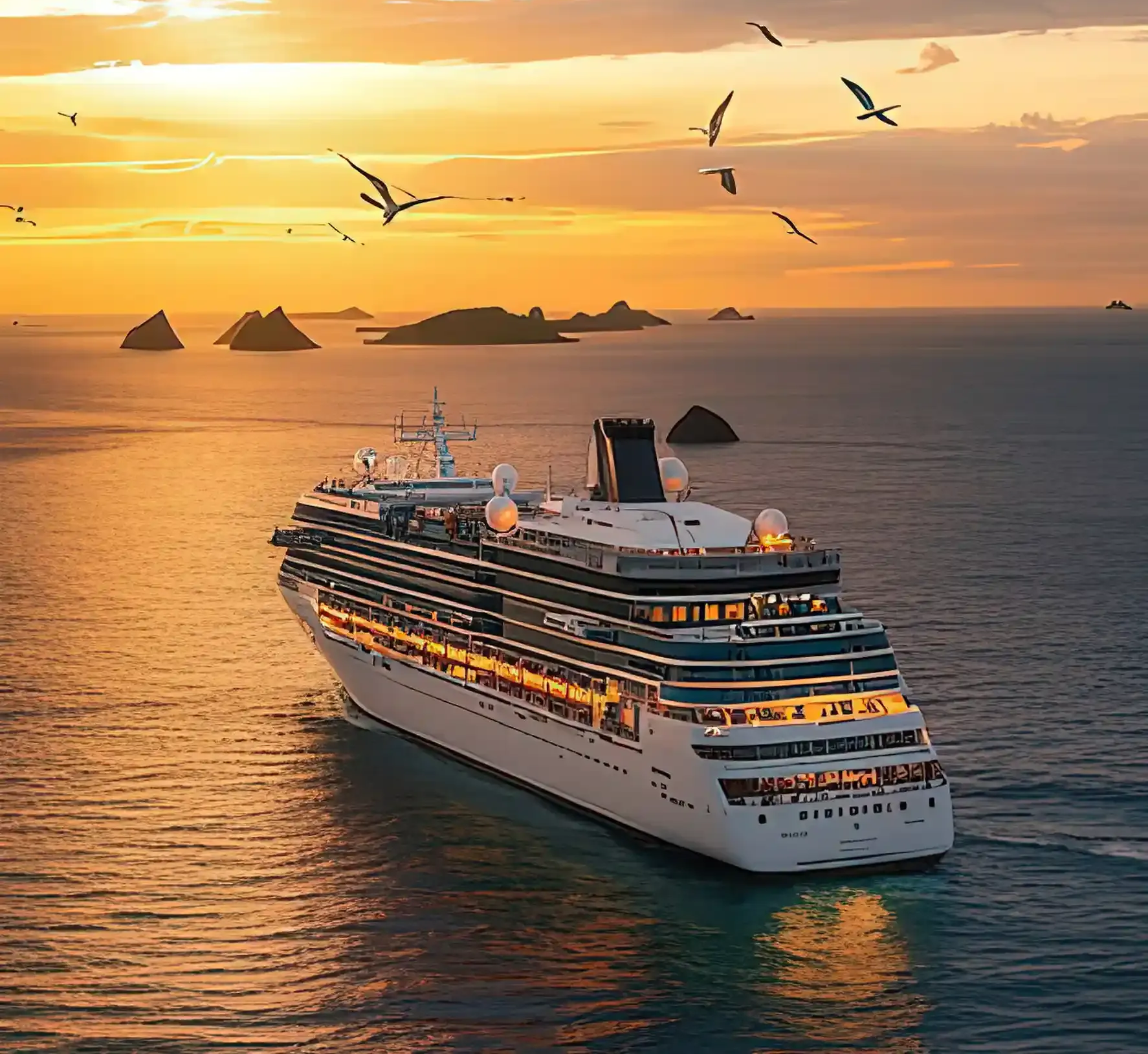 Crucero navegando en aguas tranquilas al atardecer, rodeado de pequeñas islas y gaviotas volando.