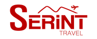 Logotipo rojo de Serint Travel con monta&ntilde;as y un icono de avi&oacute;n. Texto "Viaje" debajo.