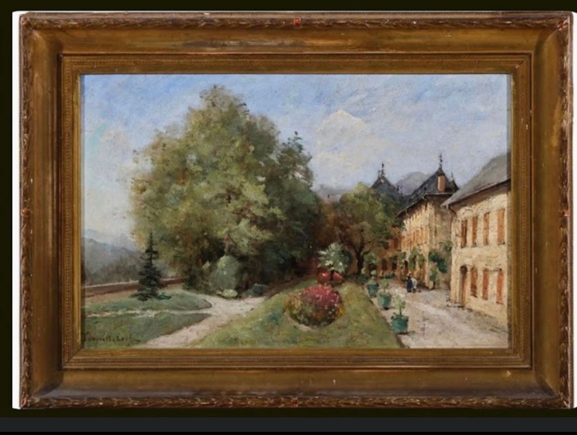 Strasbourg antiquaire - toile peinte représentant un domaine et son parc arboré et fleuri