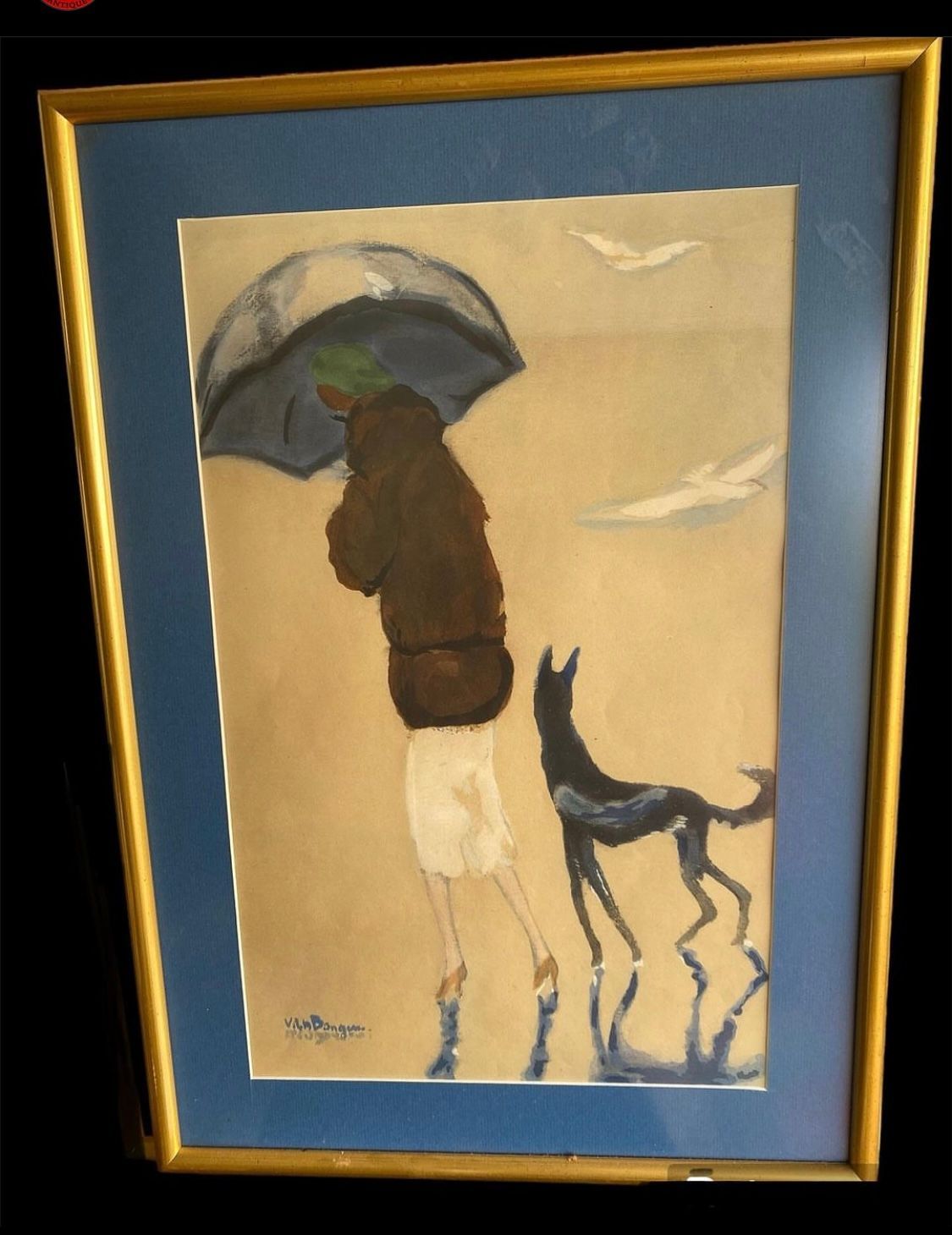 Strasbourg antiquaire - toile à la craie grasse représentant une femme de dos qui tient un parapluie et son chien