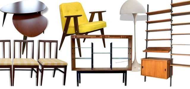 Strasbourg antiquaire - mobilier vintage : étagères, chaises, tables, fauteuil et lampe