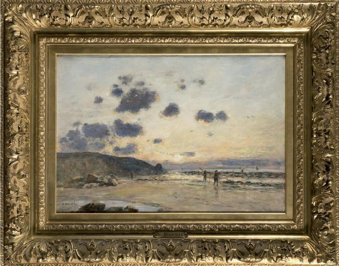 Strasbourg antiquaire - peinture représentant une plage avec un cadre doré à motif floral 