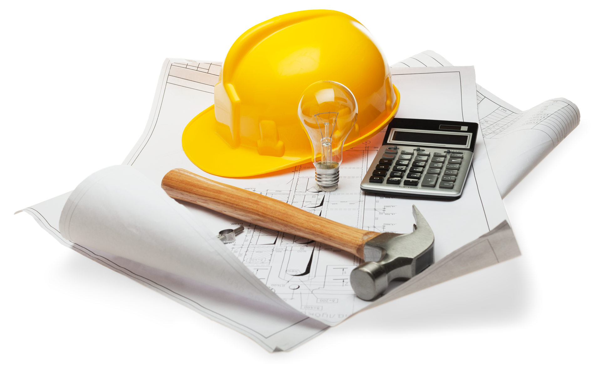 Photo illustrant la rénovation avec des plans d'architecte, un casque de chantier, un marteau, une ampoule et une calculatrice