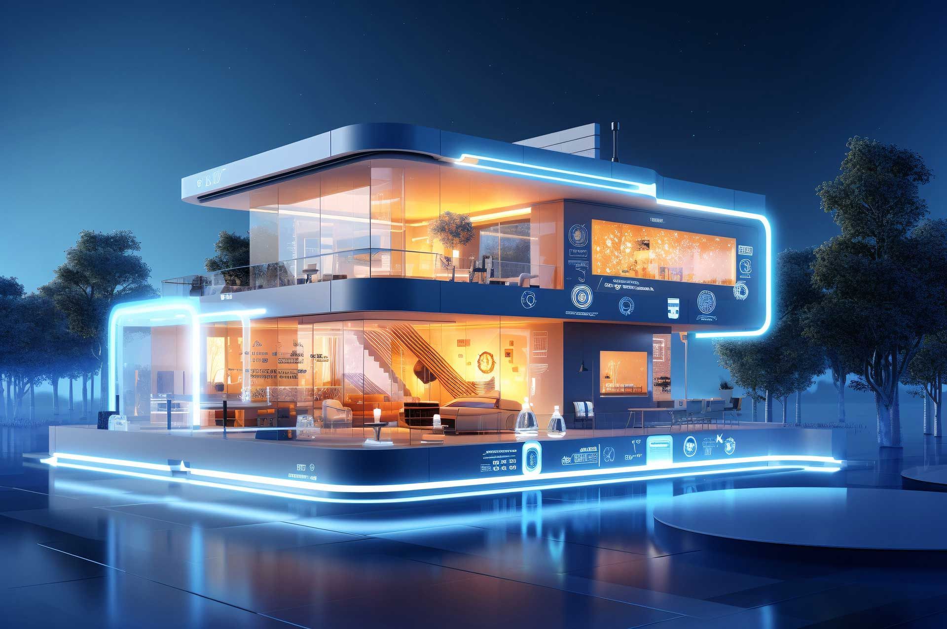 Illustration d'une maison de nuit  éclairée et connectée