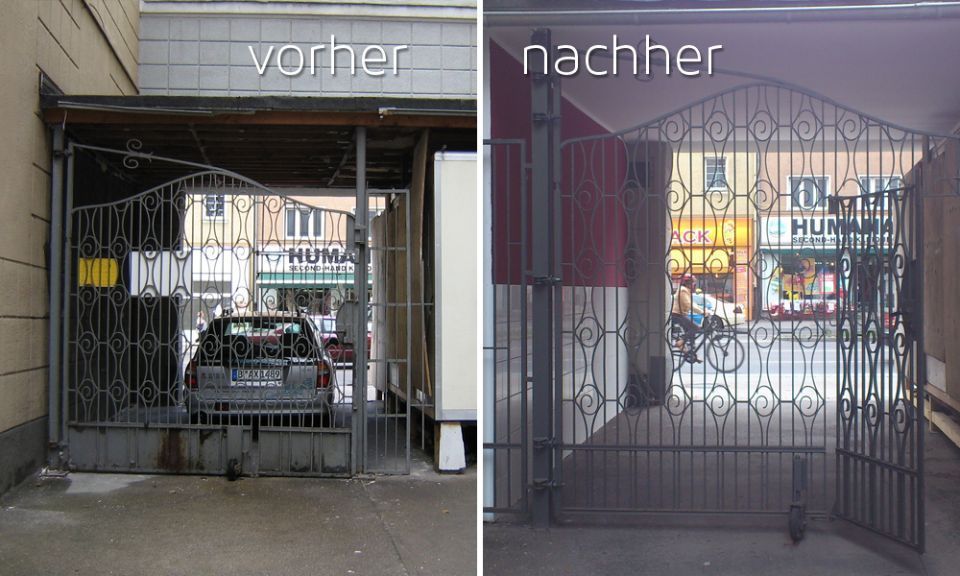Vorher-nachher-Bild eines Einganstores, EvG Sicherungstechnik