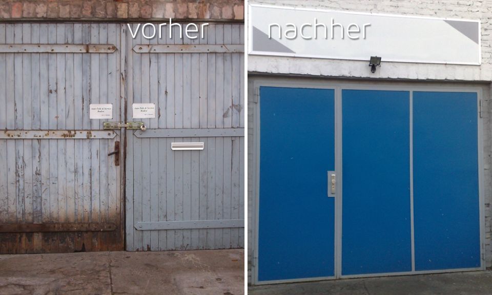 Vorher-nachher-Bild eines Garagentores, EvG Sicherungstechnik