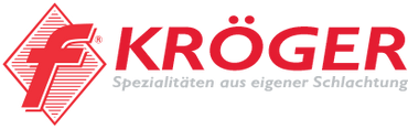 Logo of KRÖGER with an "f" in a red diamond and text "Spezialitäten aus eigener Schlachtung" in gray.