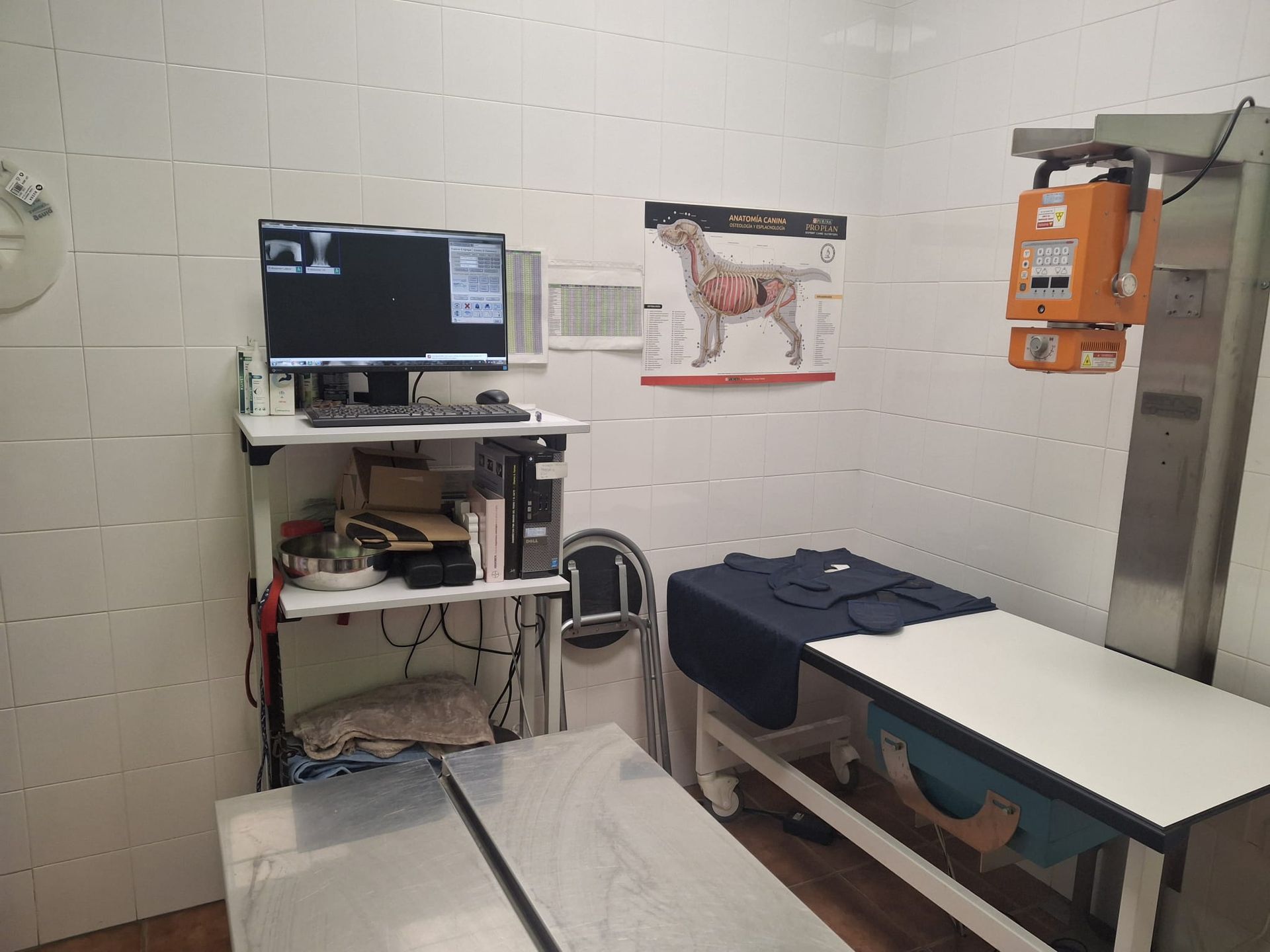 Sala de examen veterinario con máquina de rayos X, computadora, mesa de examen y cuadro anatómico.