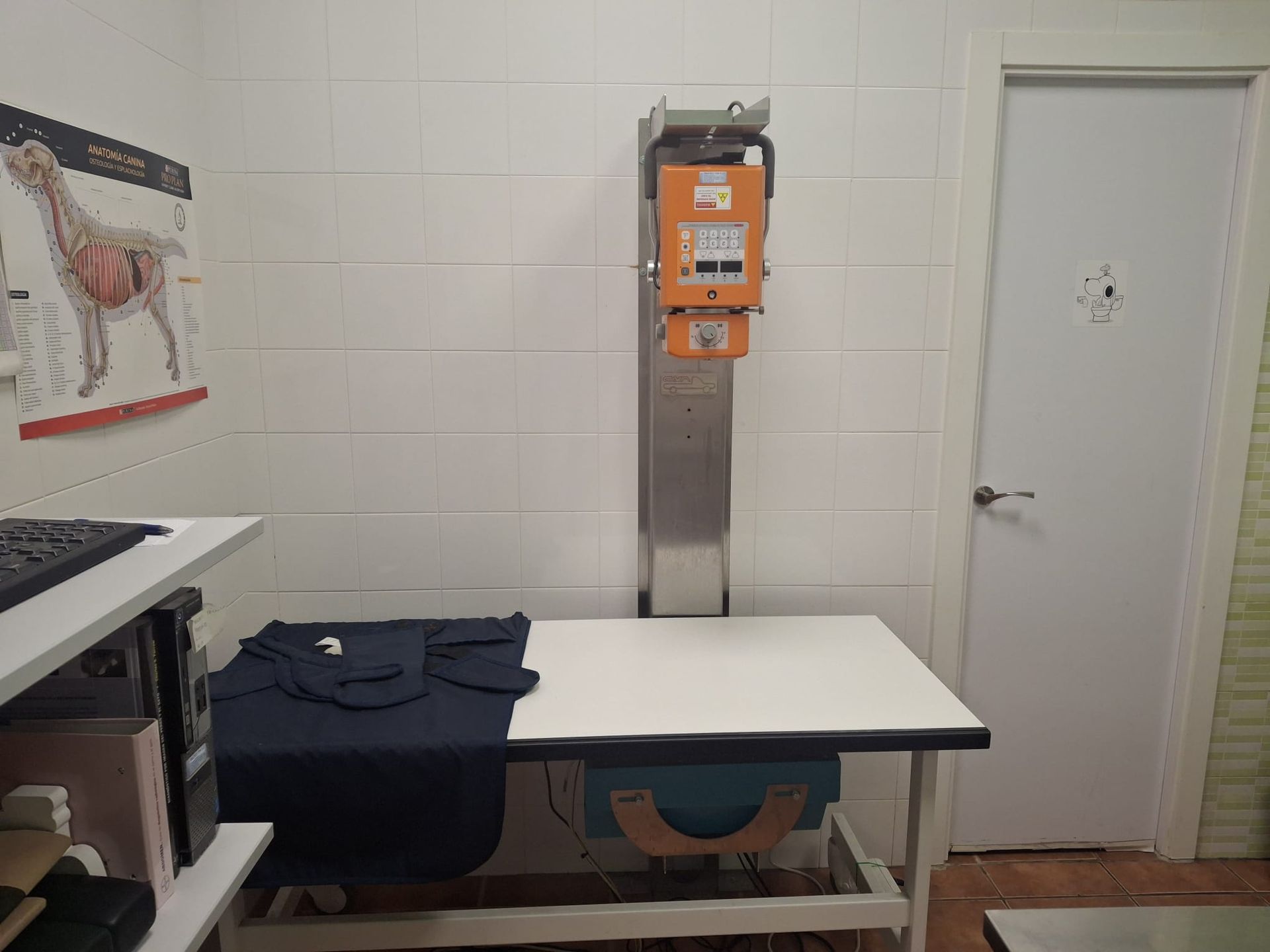 Sala de examen veterinario: máquina de rayos X sobre la mesa, cuadro de anatomía canina, puerta y escritorio con computadora.