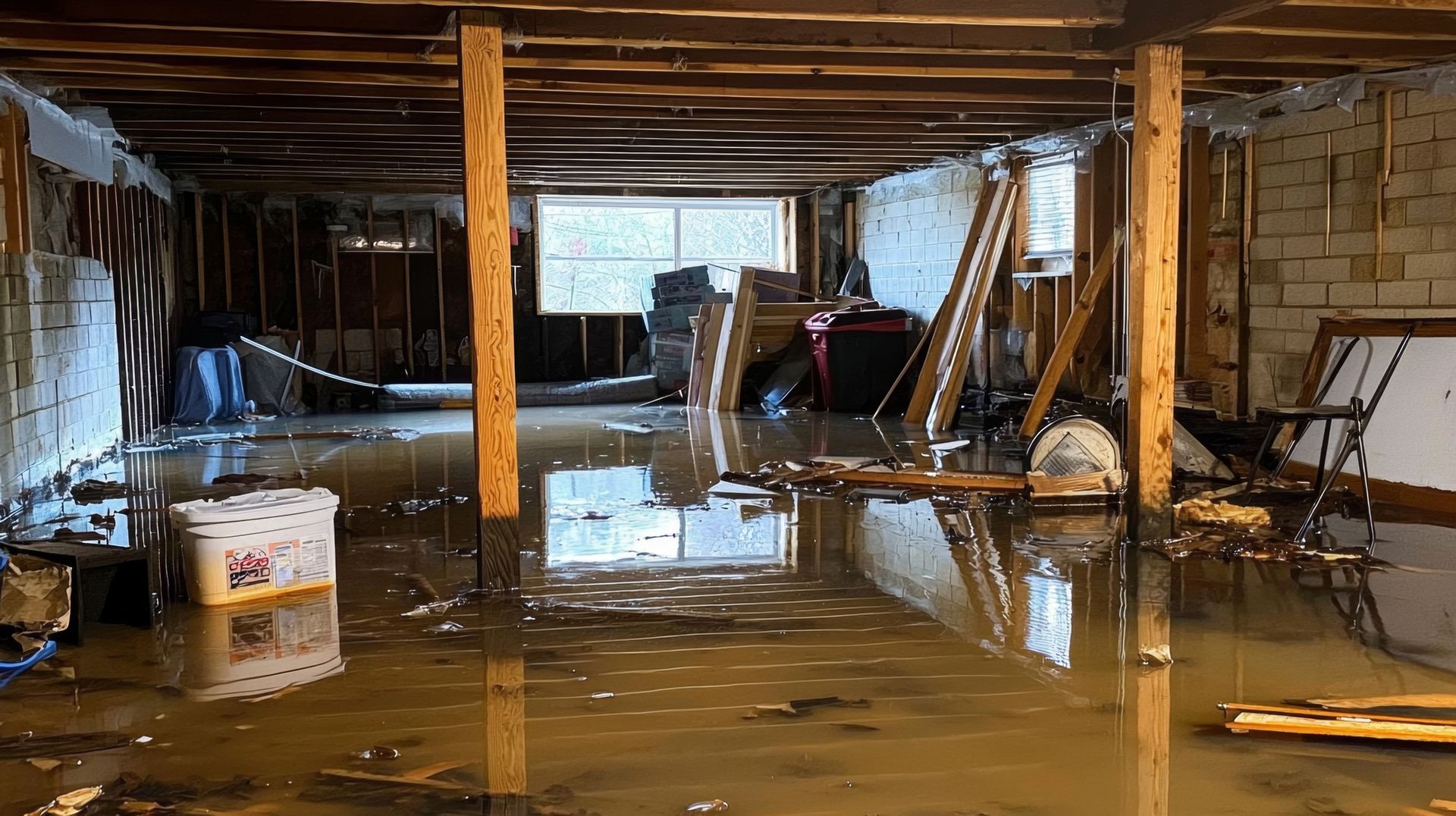 Sous-sol inondé avec débris