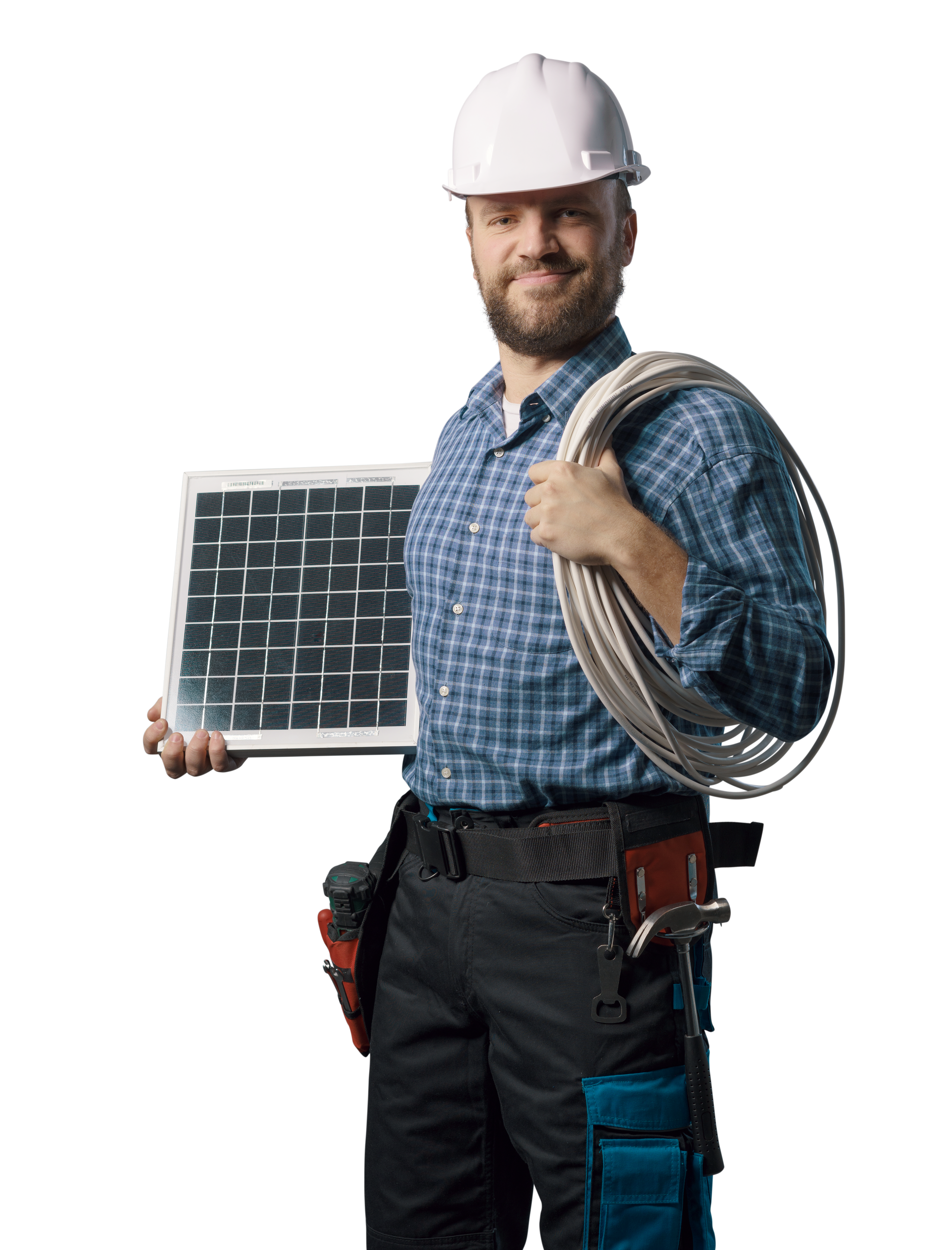 Un homme équipé des acessoires nécessaire à la pose de panneaux solaires