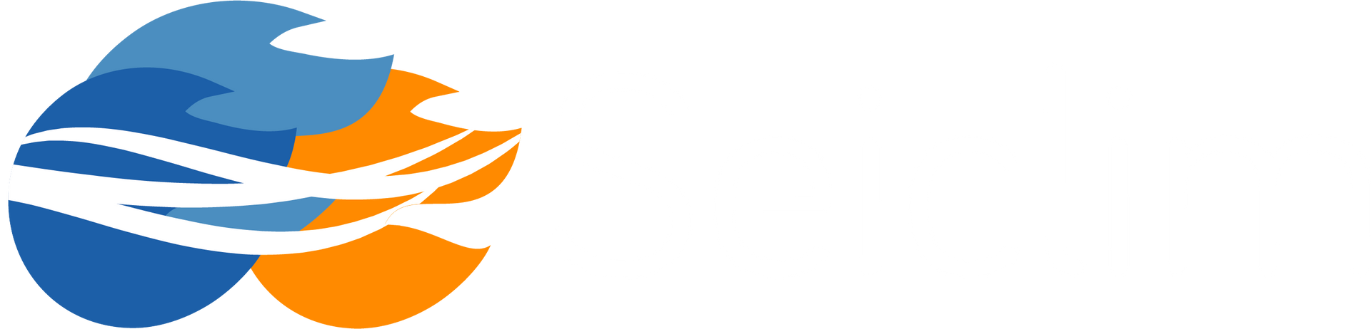 Logo abstrait composé de formes bleues et orange entrelacées.