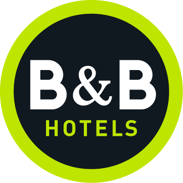 Logo B&B HOTELS : « B&B » et « HOTELS » en blanc dans un cercle noir avec une bordure verte.