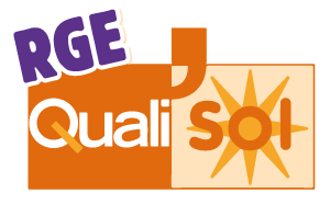 Logo de RGE QualiSOL : carré orange avec texte, « RGE » violet et motif de soleil.