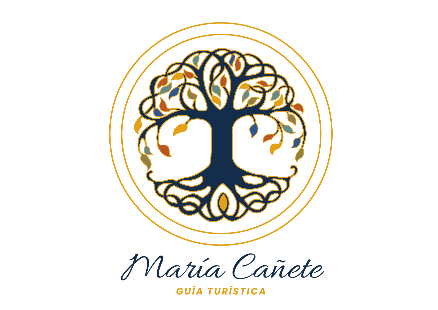 El logotipo de María Cañete, guía turística, presenta un diseño de árbol de la vida en dorado, azul y hojas de colores.