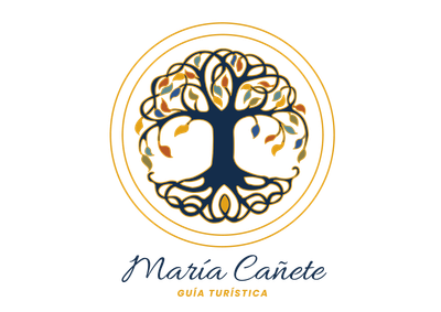 El logotipo de María Cañete, guía turística, presenta un diseño de árbol de la vida en dorado, azul y hojas de colores.