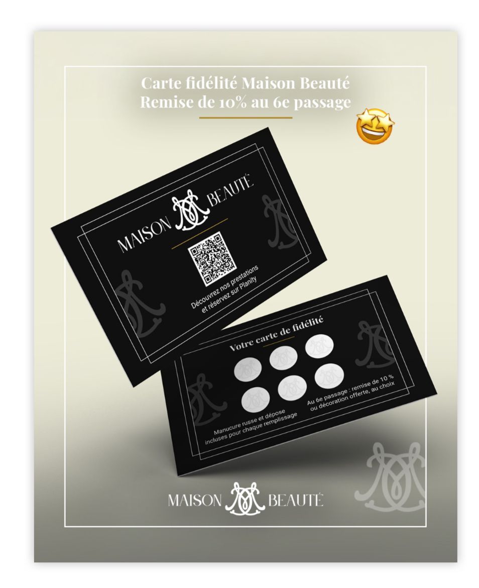 Deux cartes de fidélité Maison Beauté avec des zones à gratter et un code QR.
