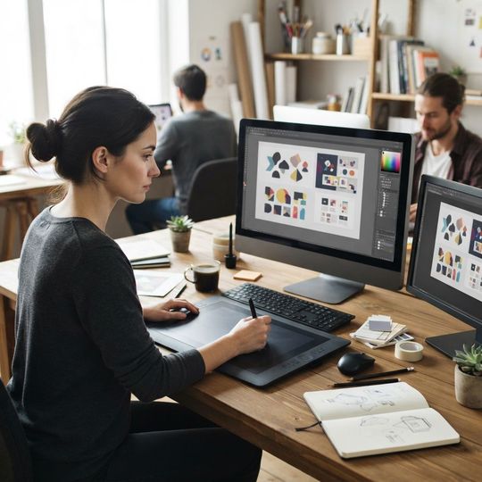 Diseñador trabajando en su escritorio frente a múltiples pantallas mostrando pro