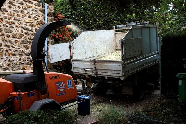 Une déchiqueteuse à bois orange projette des débris dans un camion-benne blanc, dans un jardin.