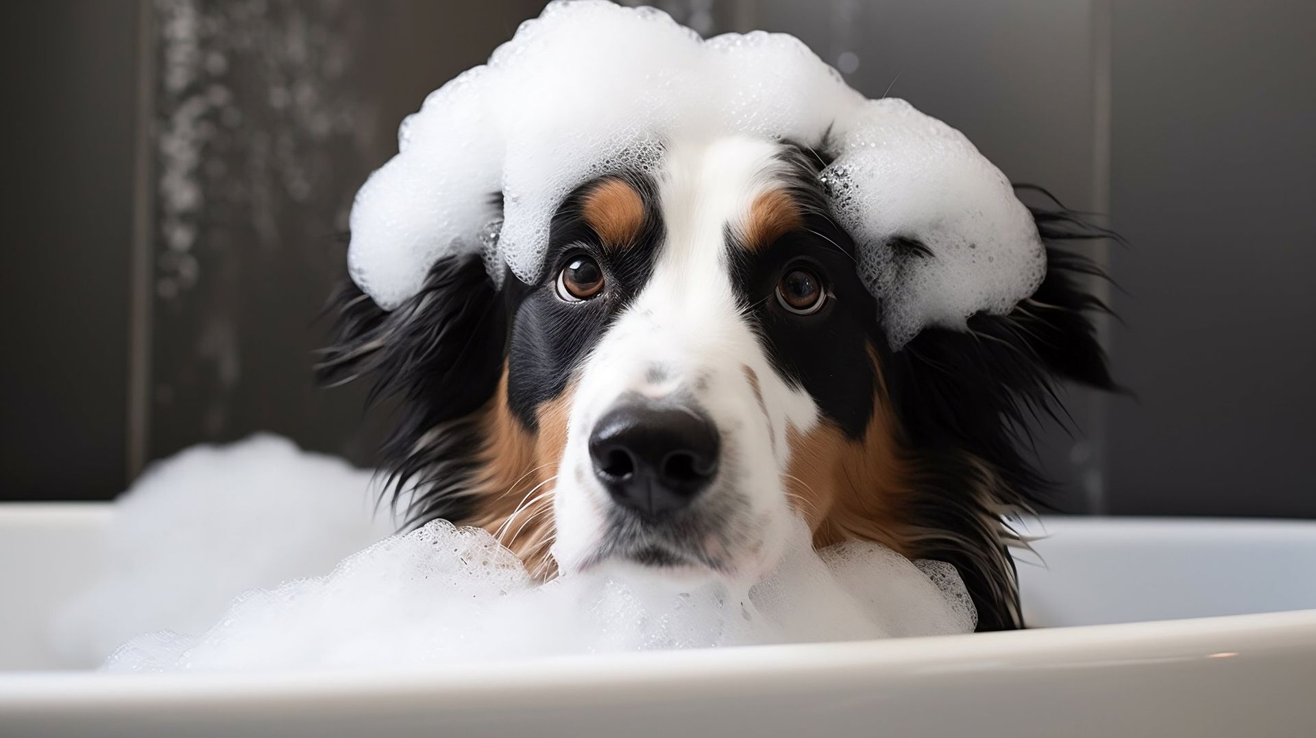 un chien dans un bain avec de la mousse sur la tête