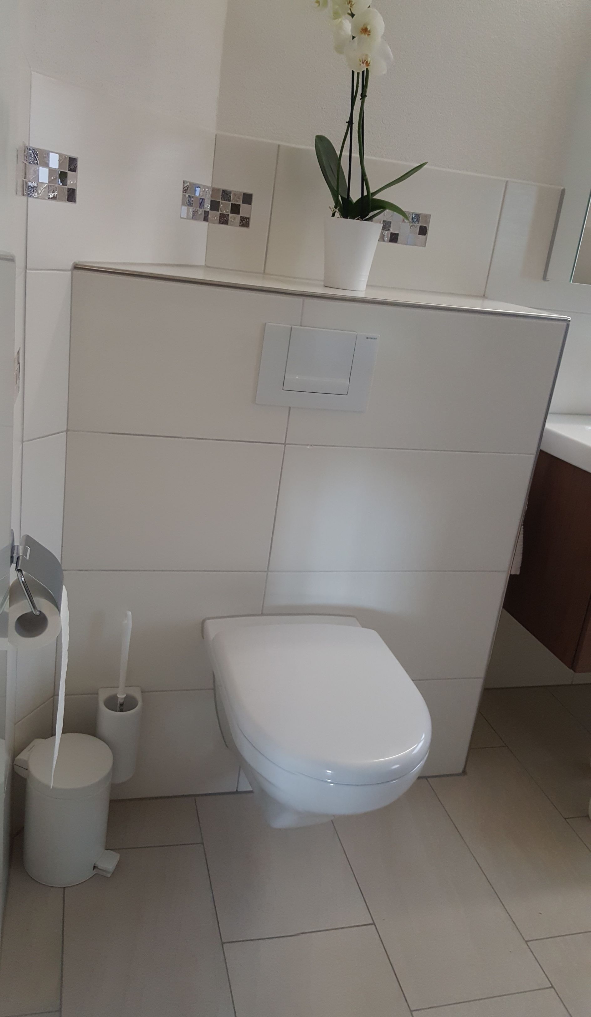 Modernes, gefliestes Badezimmer mit wandhängendem WC, Toilettenbürste und einer kleinen Pflanze auf dem Spülkastenregal.