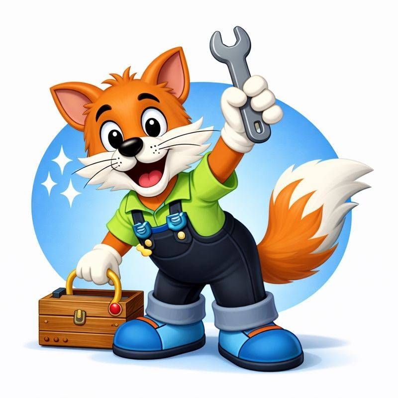Ein Cartoon-Fuchsmechaniker hält einen Schraubenschlüssel und einen Werkzeugkasten und lächelt in einem blauen Overall und einem grünen Hemd.