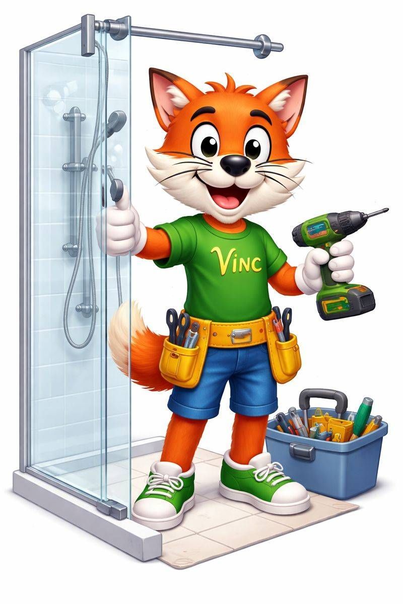 Ein Comic-Fuchs in einem grünen Hemd hält eine Bohrmaschine in der Hand und steht in einer Dusche, Werkzeug ist in der Nähe.