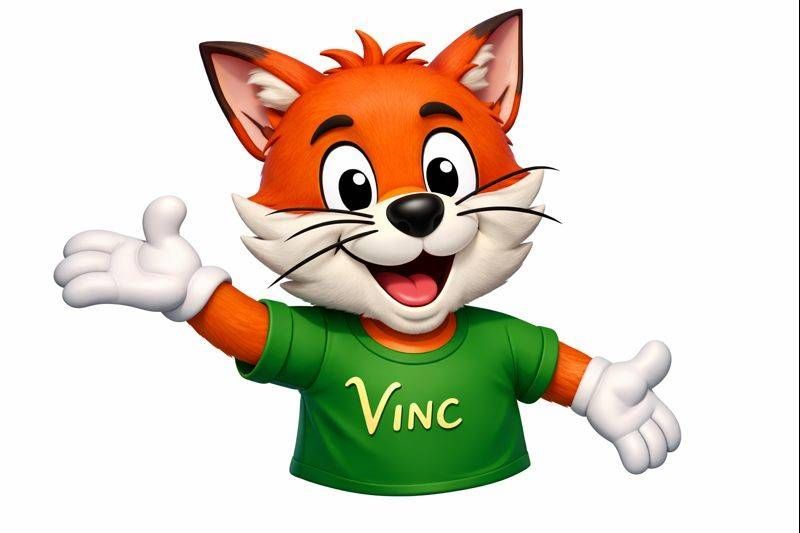 Ein lächelndes Cartoon-Fuchs-Maskottchen in einem grünen Hemd mit der Aufschrift „Vinc“ winkt mit ausgestreckten Armen.