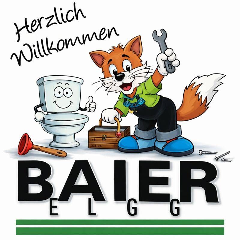 Zwinkernder Fuchs als Maskottchen mit Schraubenschlüssel neben einer Toilette und Werkzeug, über dem Logo „Herzlich Willkommen“ und „BAIER ELGG“.