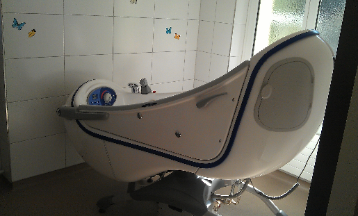Moderne, weisse, kapselförmige Badewanne in einem gefliesten Badezimmer mit blauen Zierelementen und Fensterlicht.