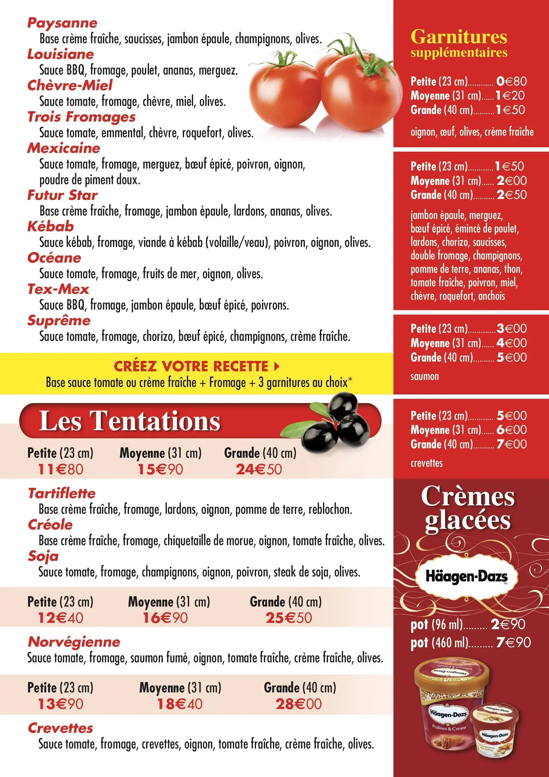 Carte du restaurant présentant des tomates, des lentilles et des produits à base de crème sur un fond blanc et rouge