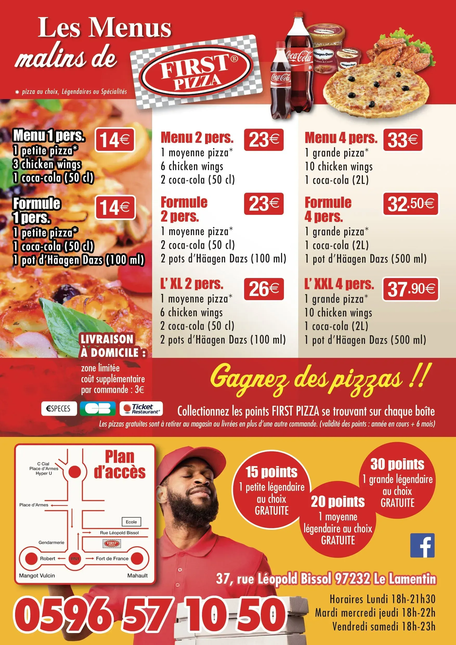 Dépliant du menu du restaurant rouge avec prix, photos des plats et bannière de jeu-concours