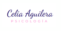 Logotipo con el texto “Celia Aguilera” en letra cursiva morada y “Psicología” en mayúsculas rosas sobre un fondo blanco.