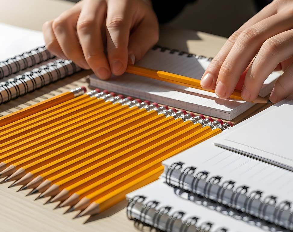 Unas manos colocan lápices naranjas sobre un escritorio de madera junto a cuadernos de espiral y una regla.