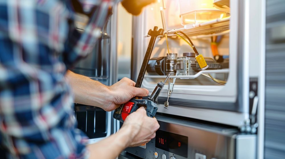 Un hombre está arreglando un refrigerador con una llave inglesa.