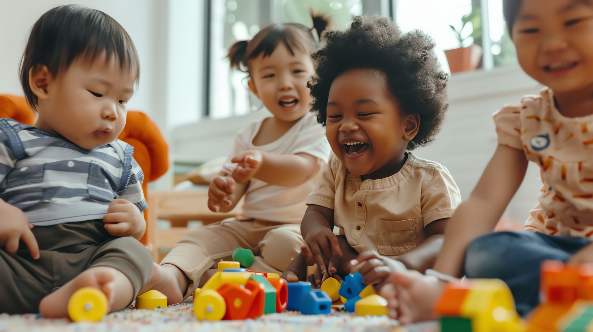 Des enfants jouent avec des jouets colorés sur un tapis duveteux