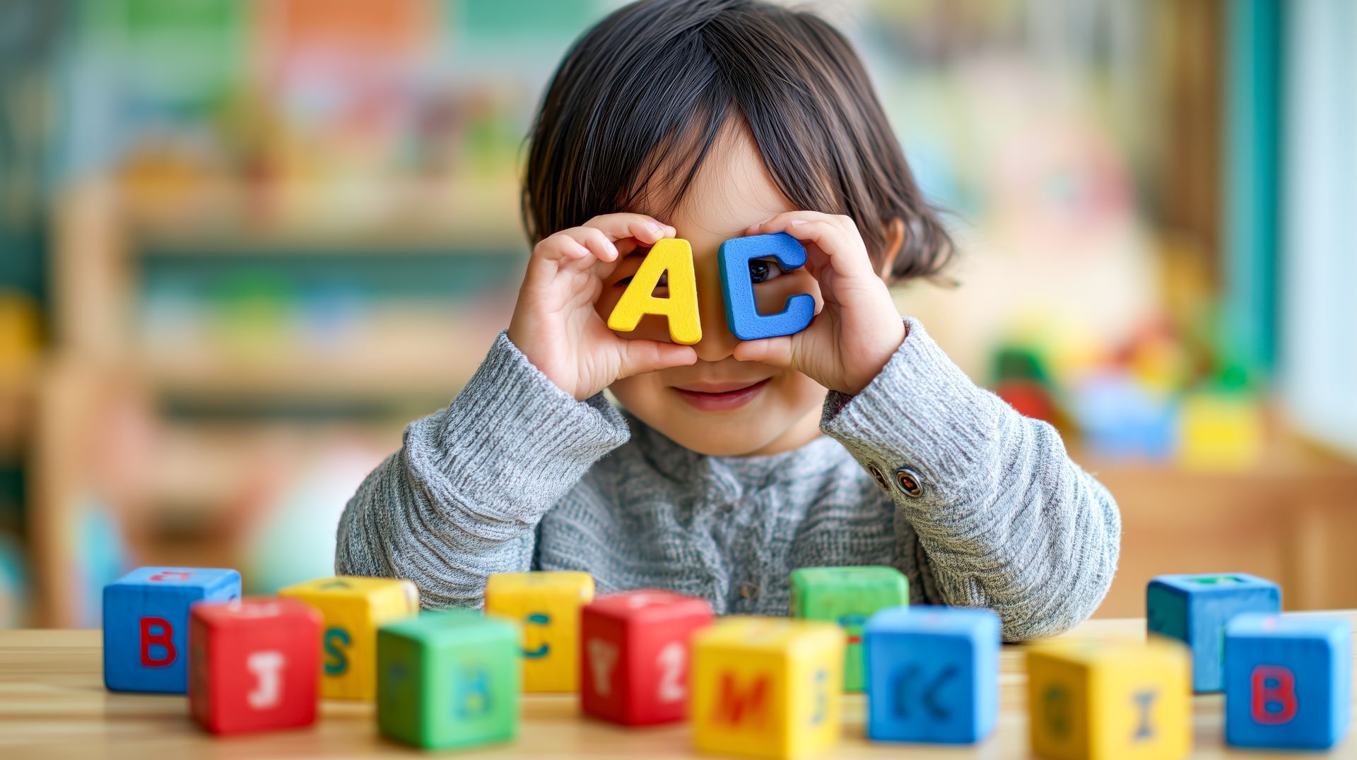 Enfant tenant des lettres colorées devant ses yeux à une table de jeu, avec des cubes colorés éparpillés