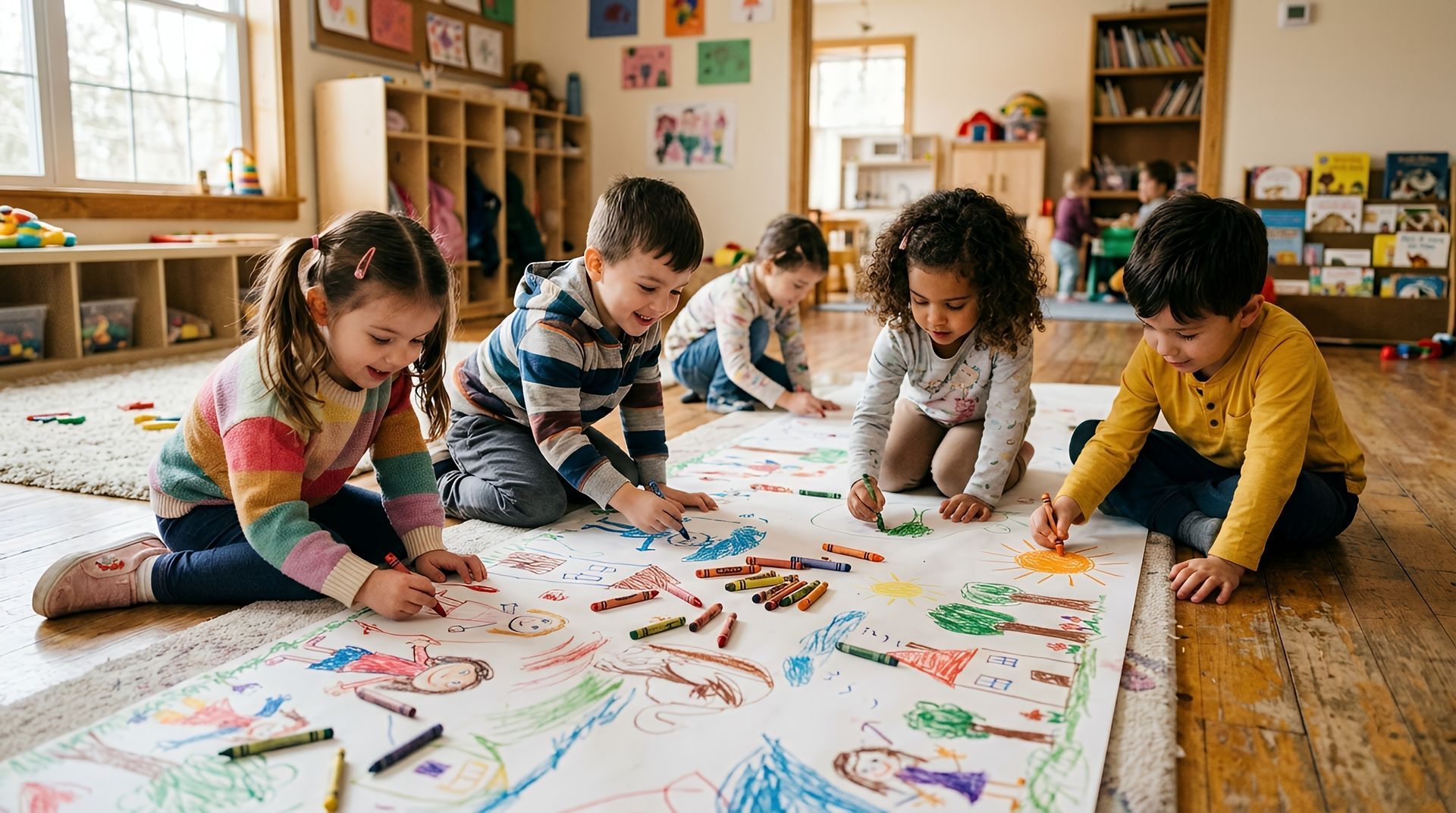 Des enfants dessinent ensemble sur une grande fresque en papier